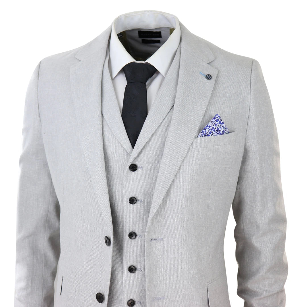 Traje de lino de 3 piezas para hombre, transpirable, para bodas, verano, algodón, gris claro