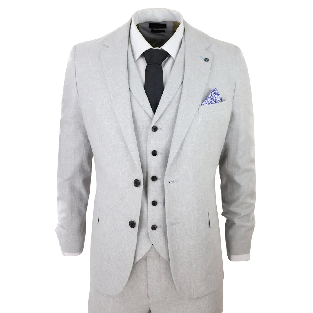 Traje de lino de 3 piezas para hombre, transpirable, para bodas, verano, algodón, gris claro