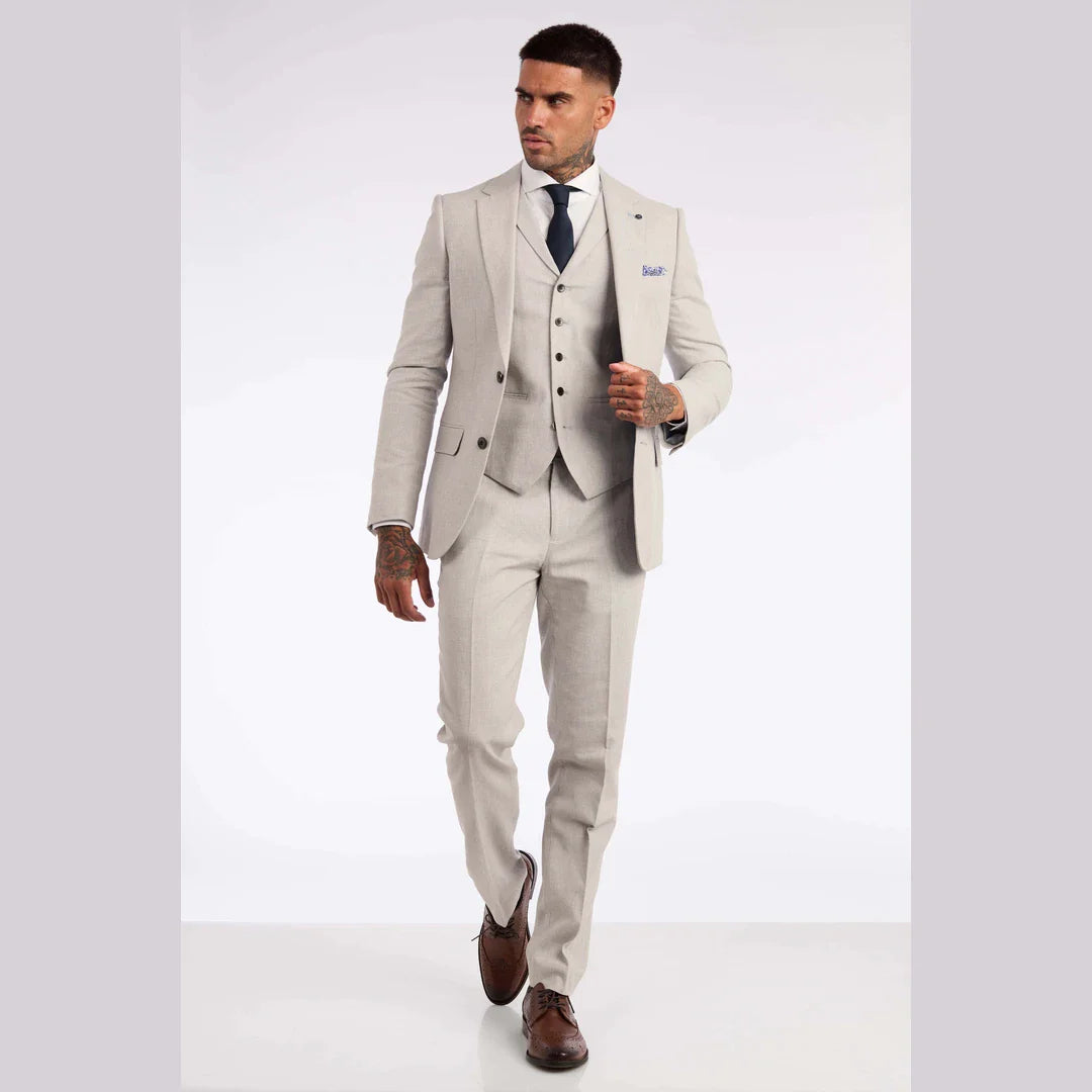 Traje de lino de 3 piezas para hombre, transpirable, para bodas, verano, algodón, gris claro