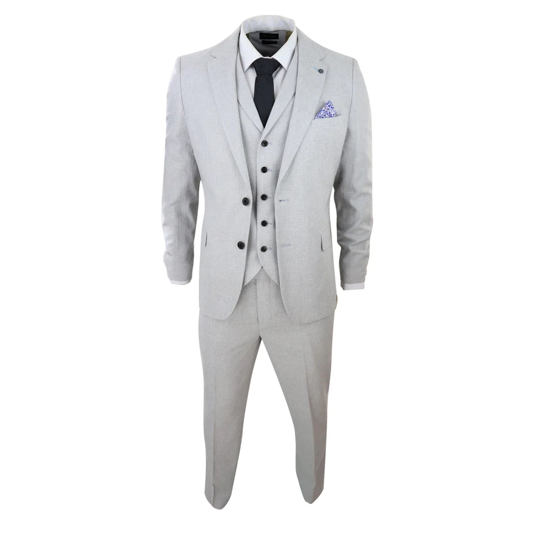 Traje de lino de 3 piezas para hombre, transpirable, para bodas, verano, algodón, gris claro