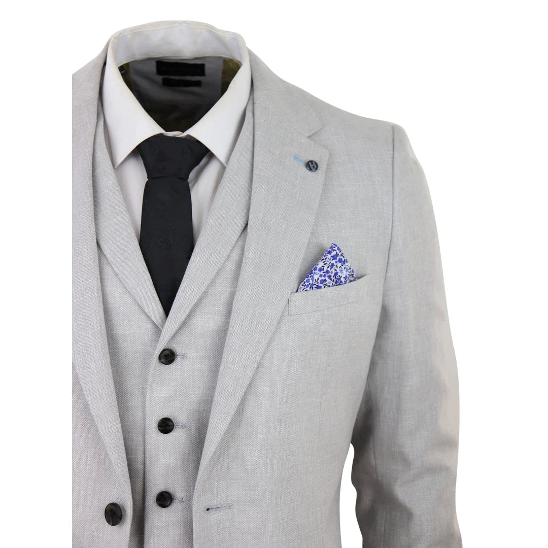 Traje de lino de 3 piezas para hombre, transpirable, para bodas, verano, algodón, gris claro