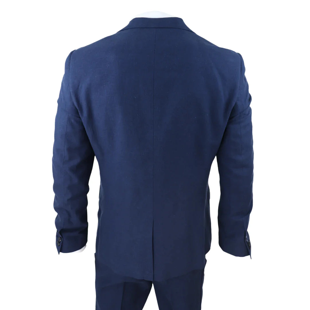 Traje de lino de 3 piezas para hombre, transpirable, para bodas, verano, algodón azul marino