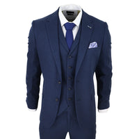 Traje de lino de 3 piezas para hombre, transpirable, para bodas, verano, algodón azul marino