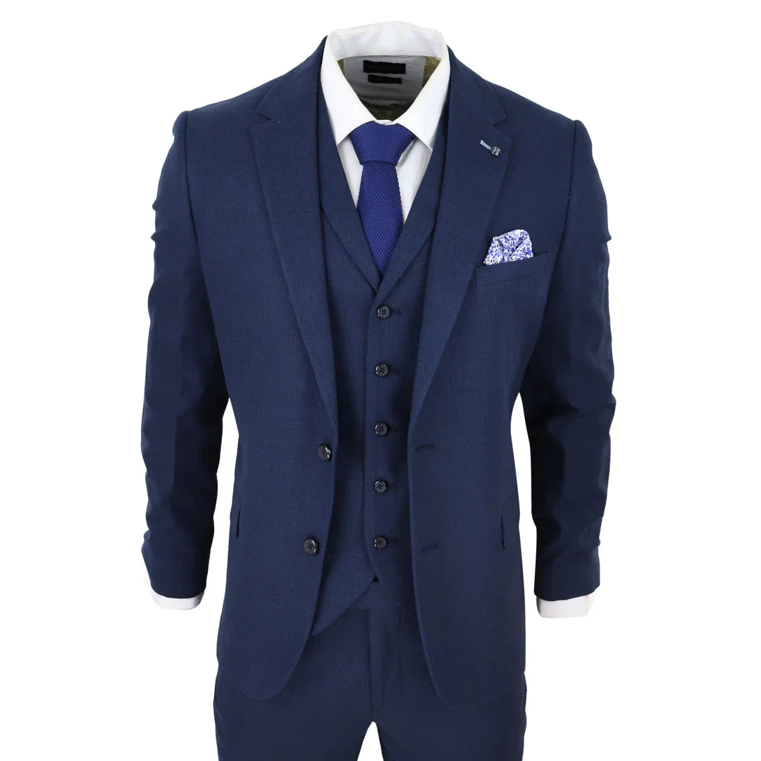 Traje de lino de 3 piezas para hombre, transpirable, para bodas, verano, algodón azul marino