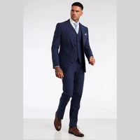 Traje de lino de 3 piezas para hombre, transpirable, para bodas, verano, algodón azul marino