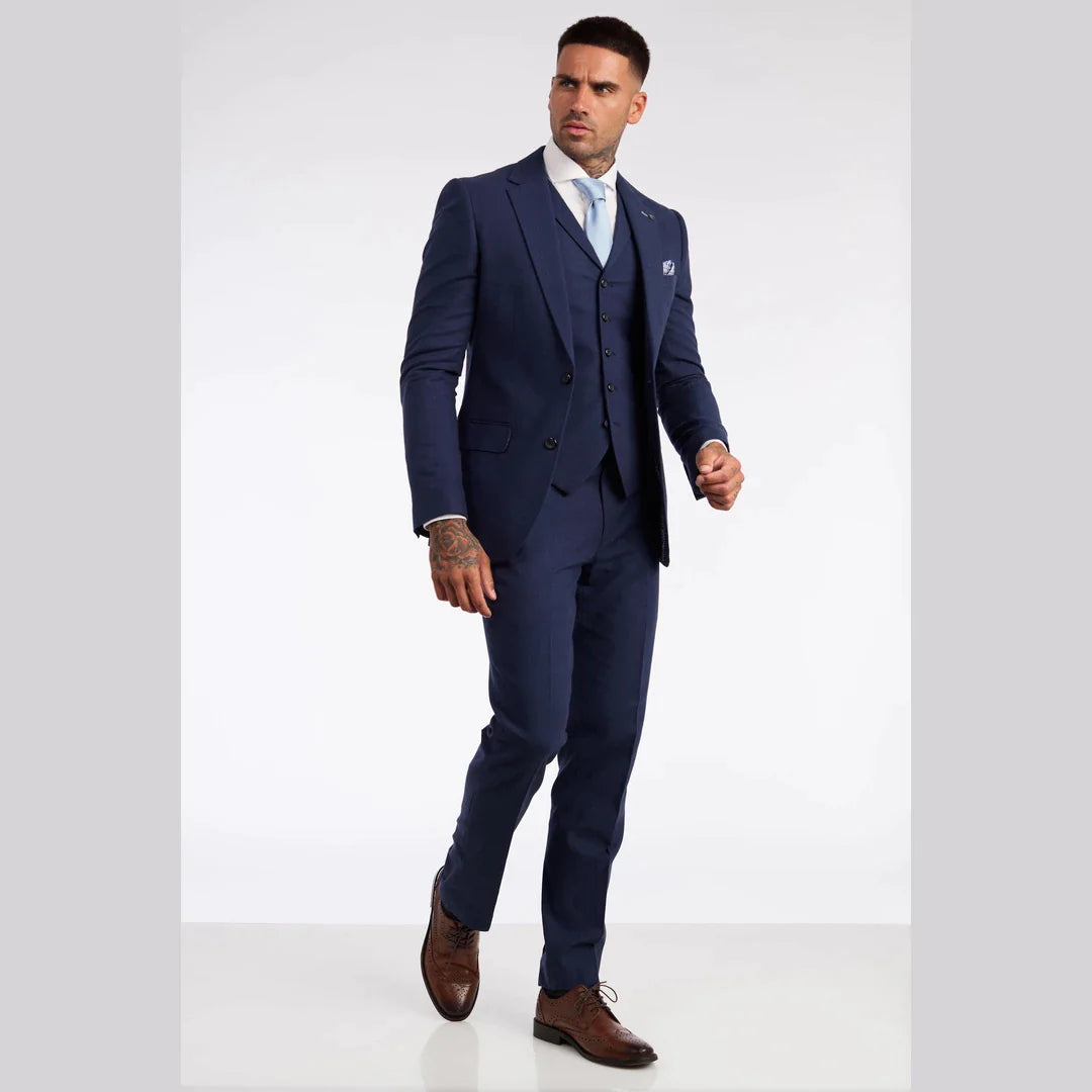 Traje de lino de 3 piezas para hombre, transpirable, para bodas, verano, algodón azul marino