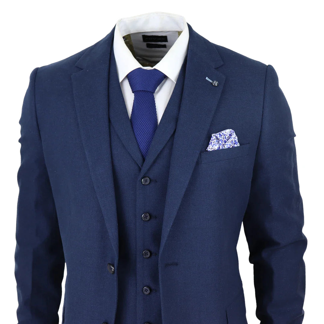 Traje de lino de 3 piezas para hombre, transpirable, para bodas, verano, algodón azul marino