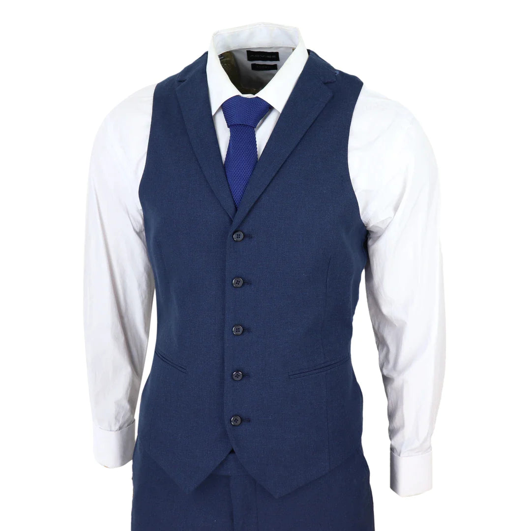 Traje de lino de 3 piezas para hombre, transpirable, para bodas, verano, algodón azul marino