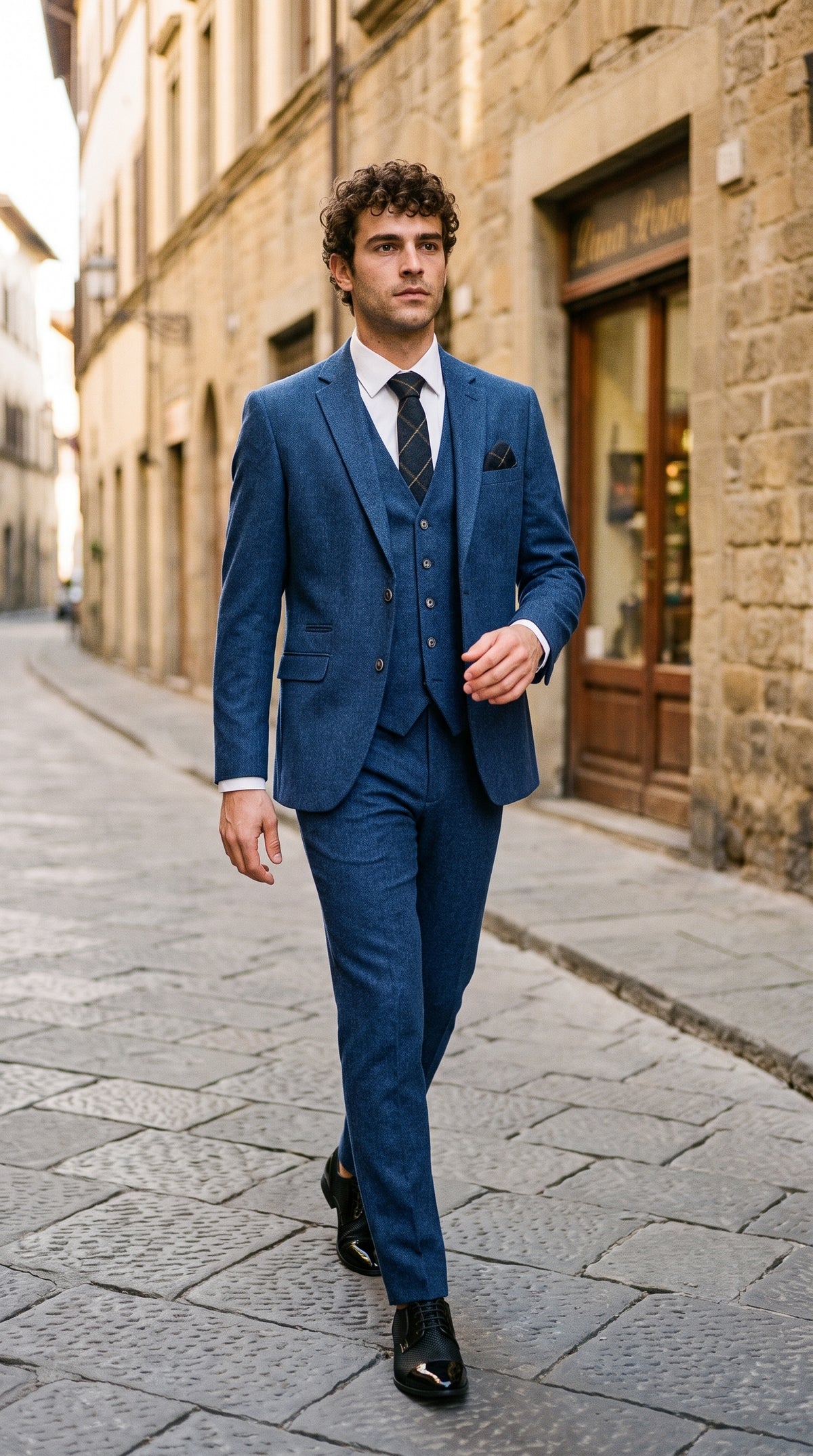 Look #263 styled with Traje de tres piezas Cavani Orson de sarga azul
