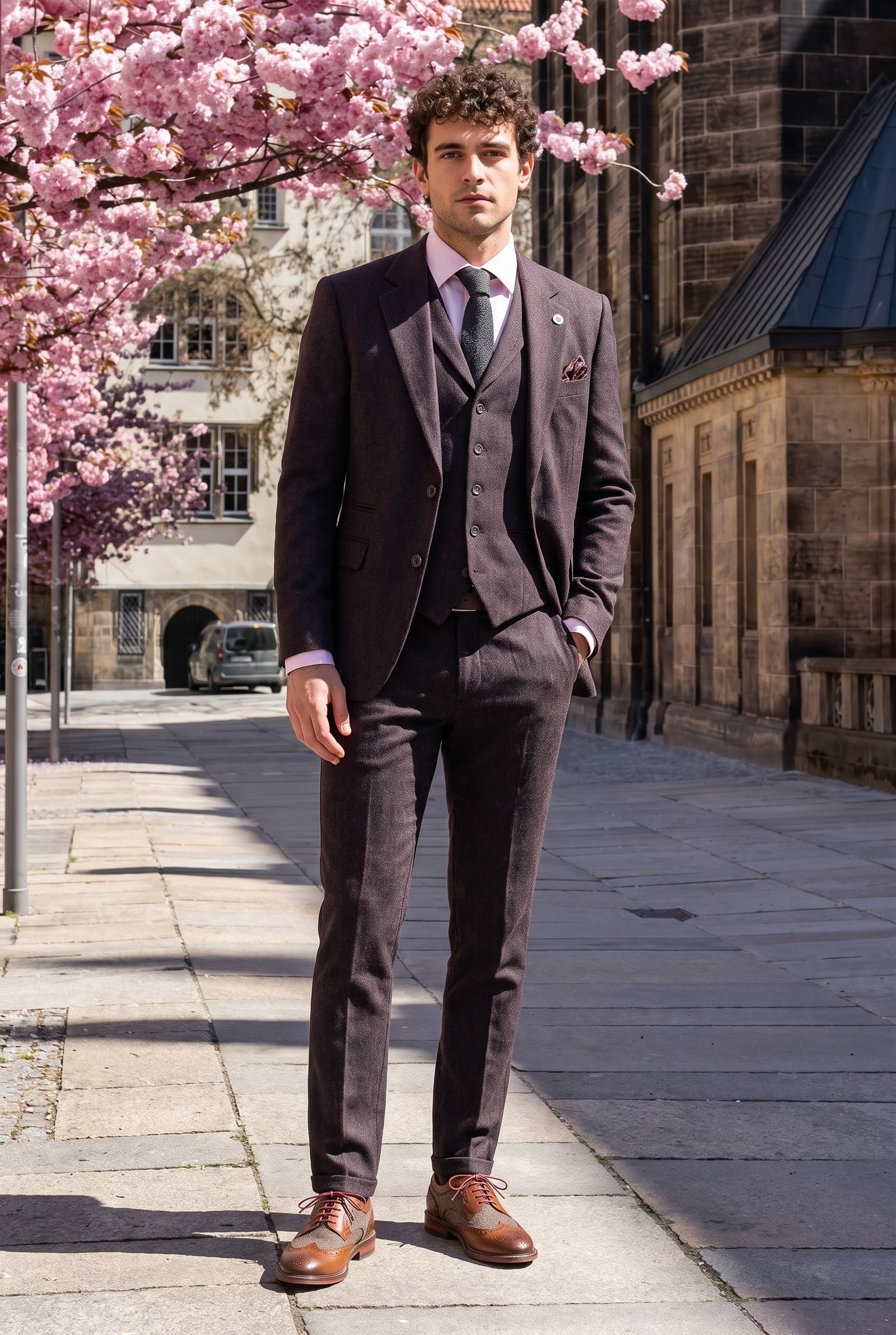 Look #992 styled with Traje de tres piezas de tweed color ciruela con estampado de espiga para hombre