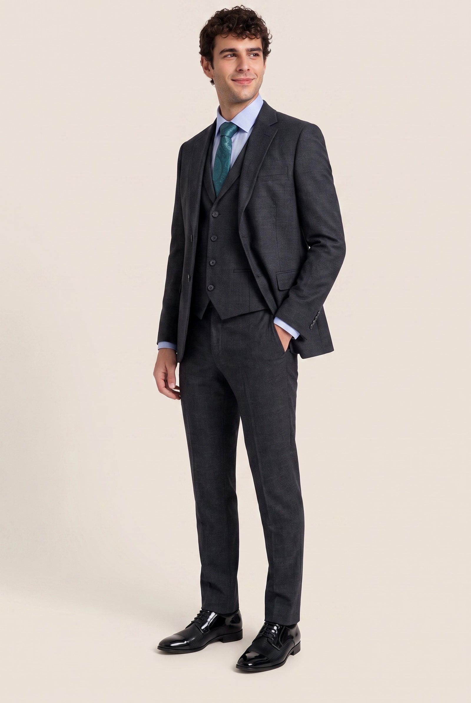 Look #964 styled with Traje de tres piezas para hombre, negro, con estampado de cuadros Glen.