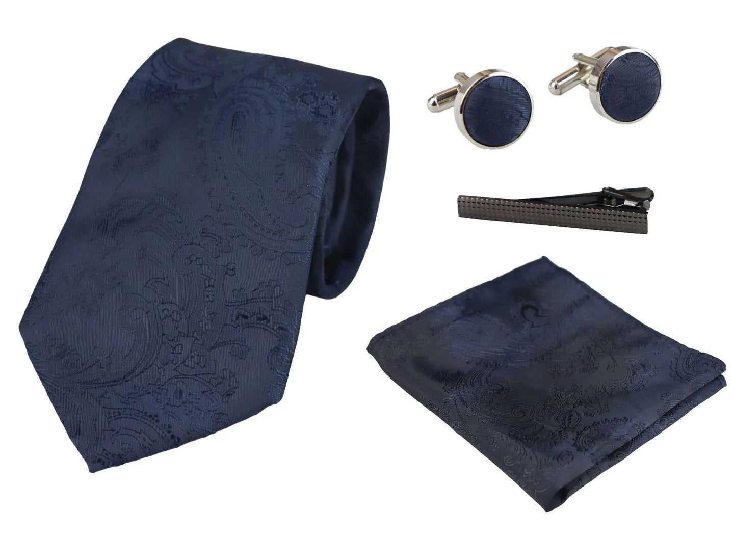 Conjunto de regalo de corbata azul marino con estampado paisley, pañuelo de bolsillo, gemelos y corbata de satén floral.