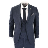 Traje de tres piezas para hombre de tweed azul con estampado de espiga.