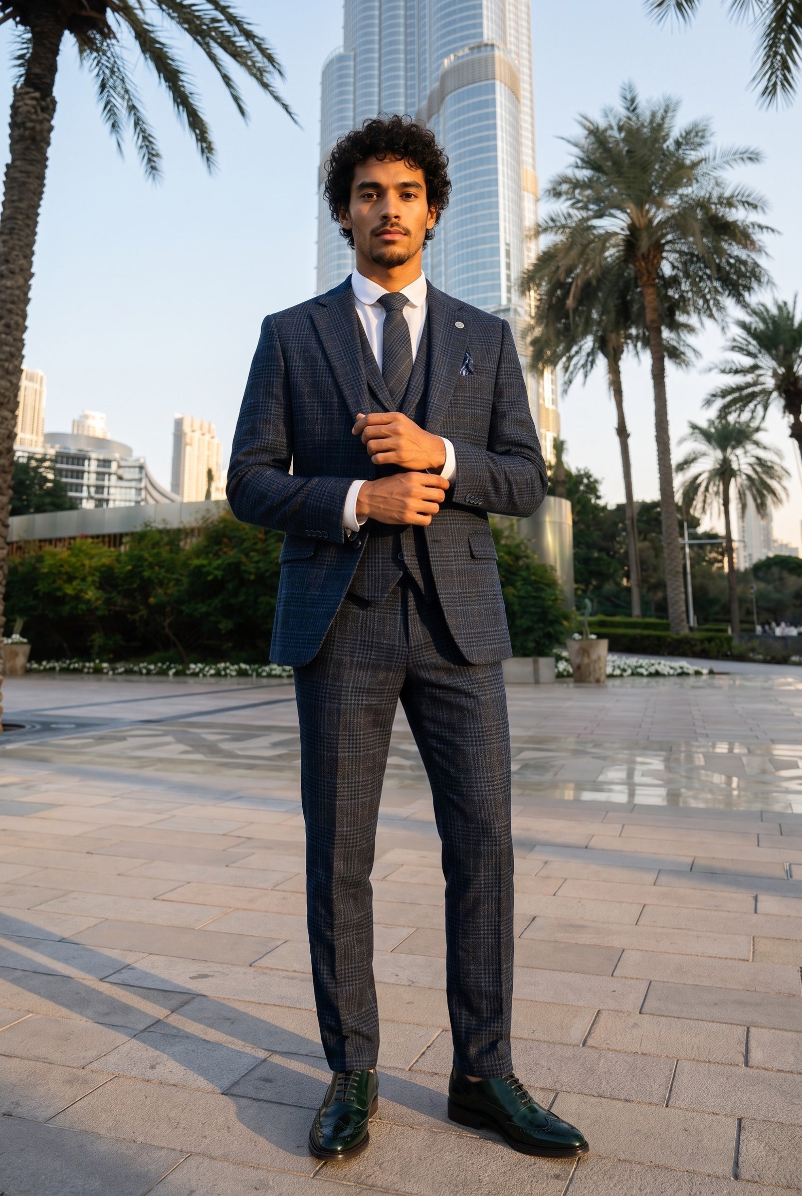 Look #266 styled with Traje de tres piezas para hombre con estampado de cuadros escoceses azules.