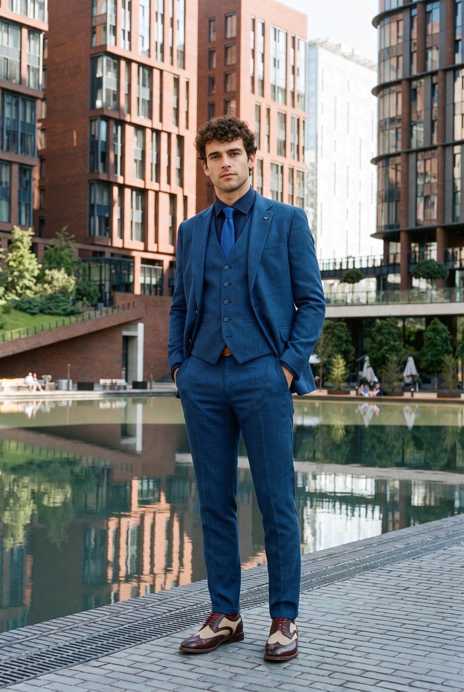 Look #998 styled with Traje de lino azul para hombre, ideal para verano.