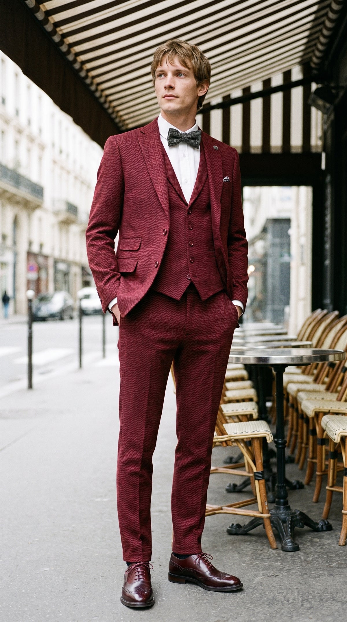 Look #144 styled with Traje de tweed de 3 piezas para hombre con estampado de espiga color vino granate - STZ11