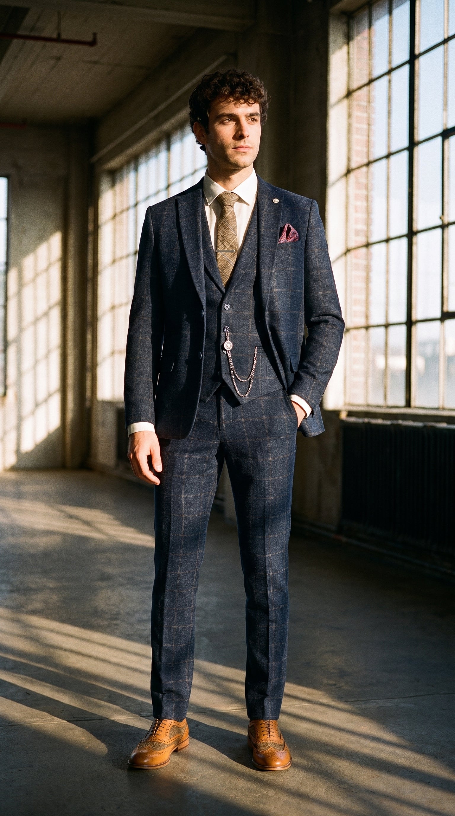 Look #725 styled with Traje de hombre de 3 piezas de lana tweed azul marino a cuadros marrones estilo Gatsby de los años 20