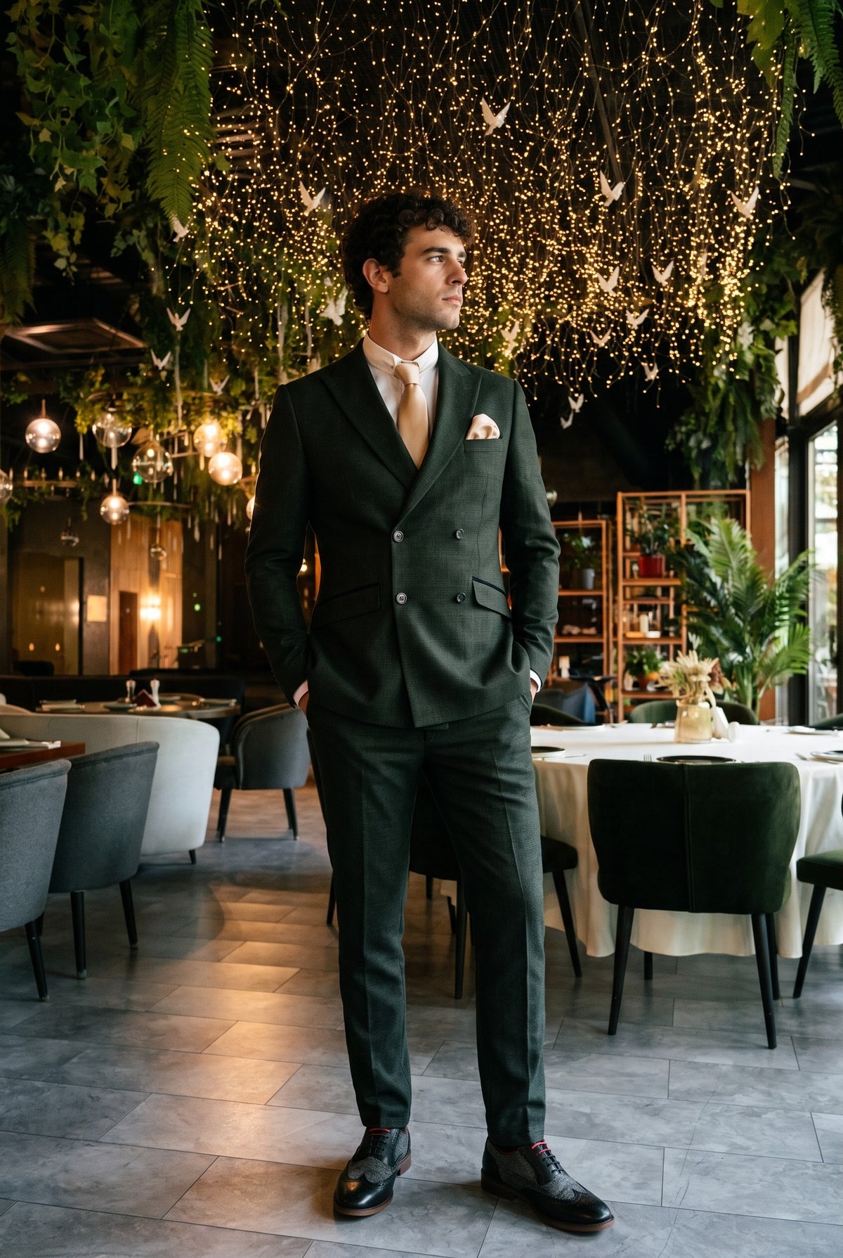 Look #784 styled with Caridi - Traje cruzado de dos piezas para hombre en color verde oliva