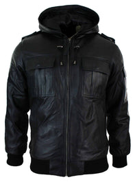 Chaqueta bomber Infinity 661 para hombre, de cuero Napa auténtico, con capucha, color negro y corte ajustado.