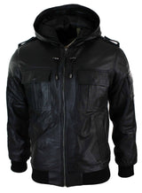 Chaqueta bomber Infinity 661 para hombre, de cuero Napa auténtico, con capucha, color negro y corte ajustado.
