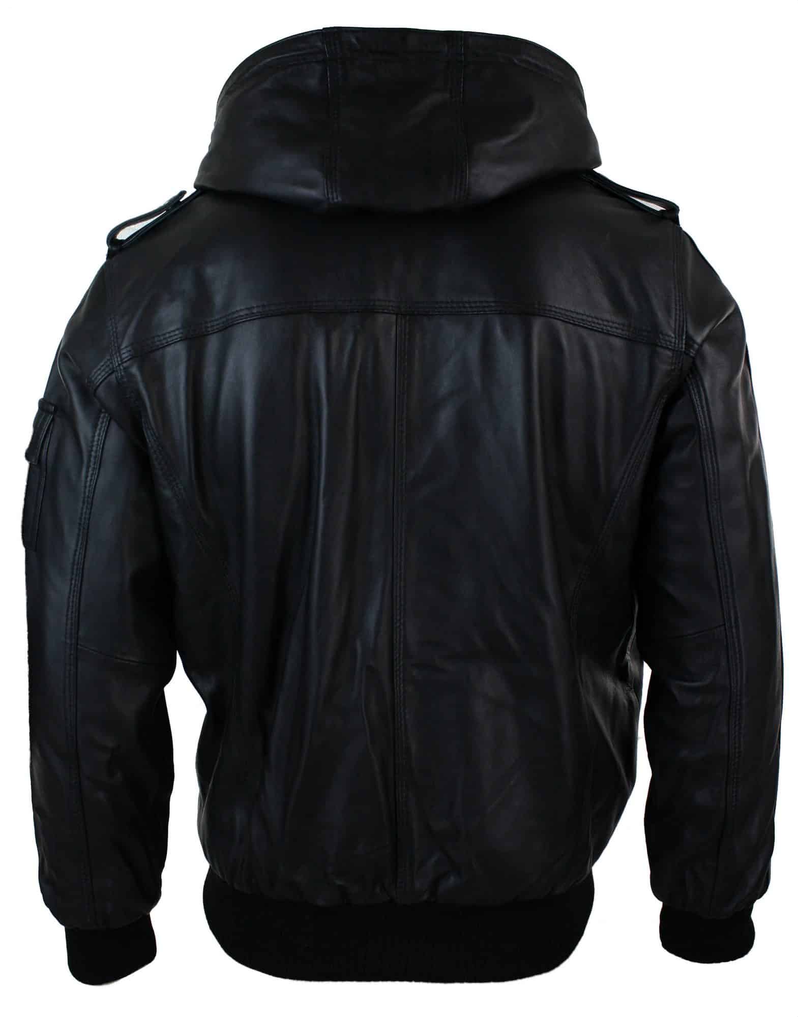 Chaqueta bomber Infinity 661 para hombre, de cuero Napa auténtico, con capucha, color negro y corte ajustado.