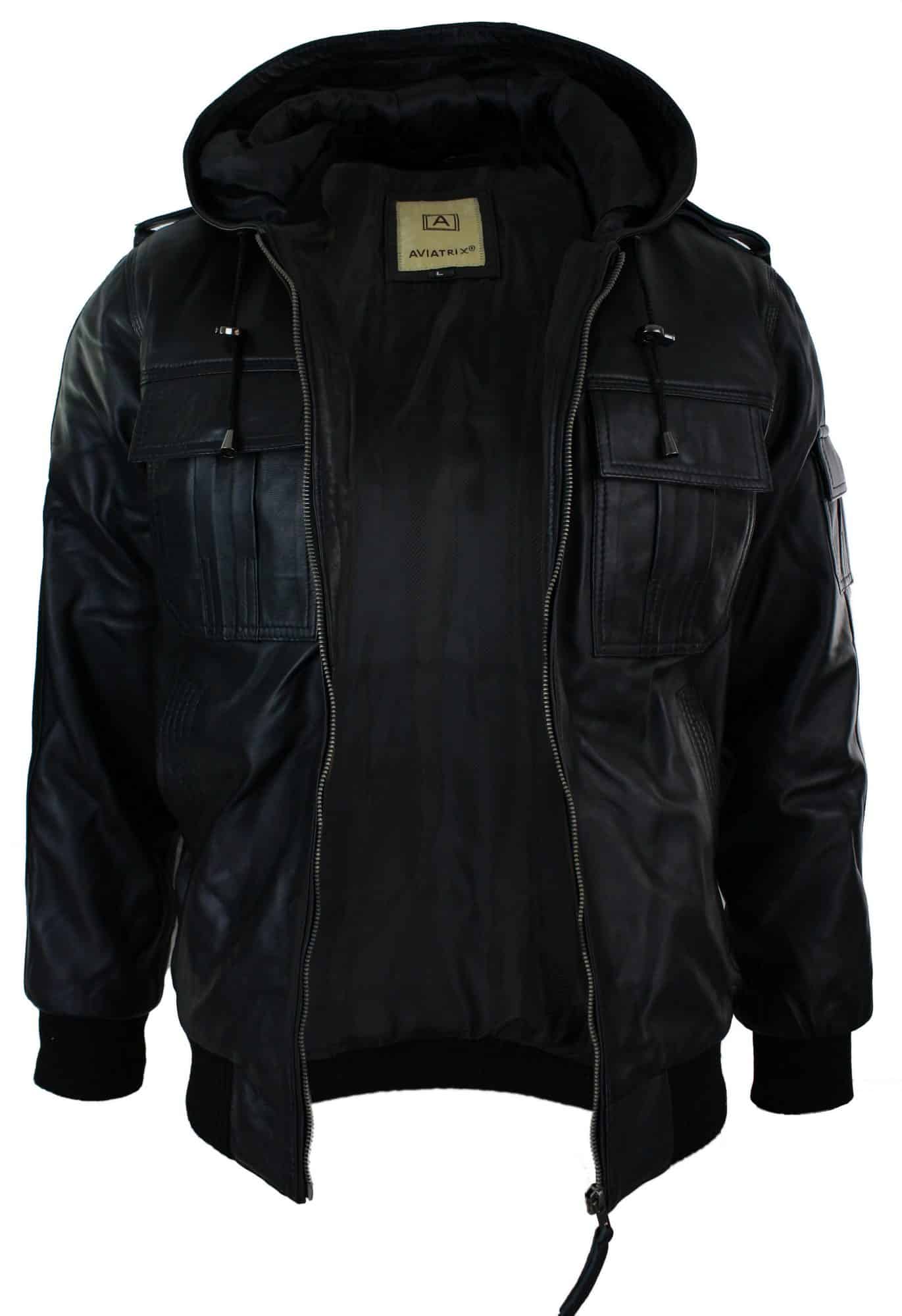 Chaqueta bomber Infinity 661 para hombre, de cuero Napa auténtico, con capucha, color negro y corte ajustado.
