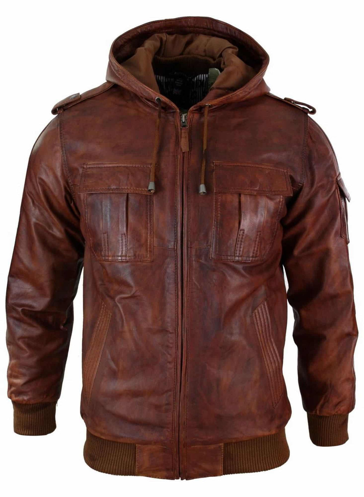 Chaqueta bomber de cuero auténtico para hombre con capucha, color marrón claro, estilo vintage, acolchada.