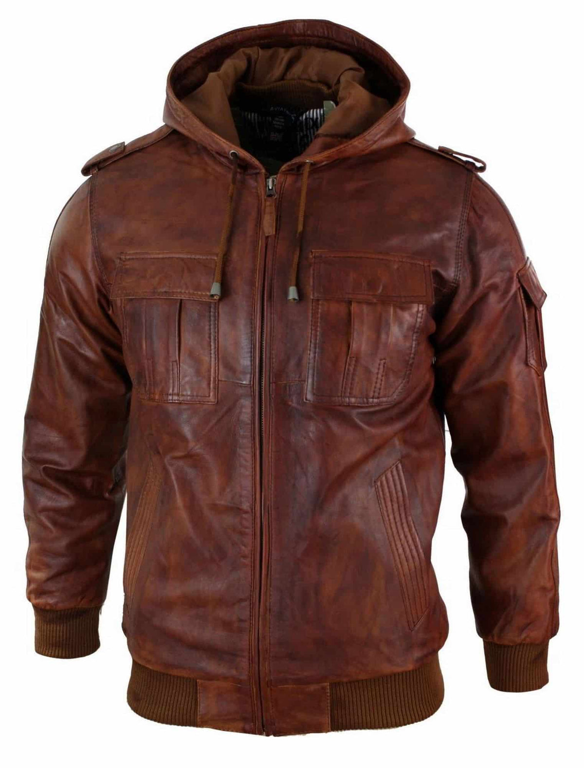 Chaqueta bomber de cuero auténtico para hombre con capucha, color marrón claro, estilo vintage, acolchada.