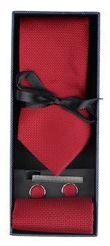 Conjunto de regalo de corbata roja texturizada de seda satinada con pañuelo de bolsillo, gemelos y corbata de satén mate.