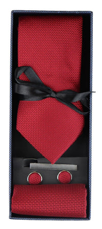 Conjunto de regalo de corbata roja texturizada de seda satinada con pañuelo de bolsillo, gemelos y corbata de satén mate.