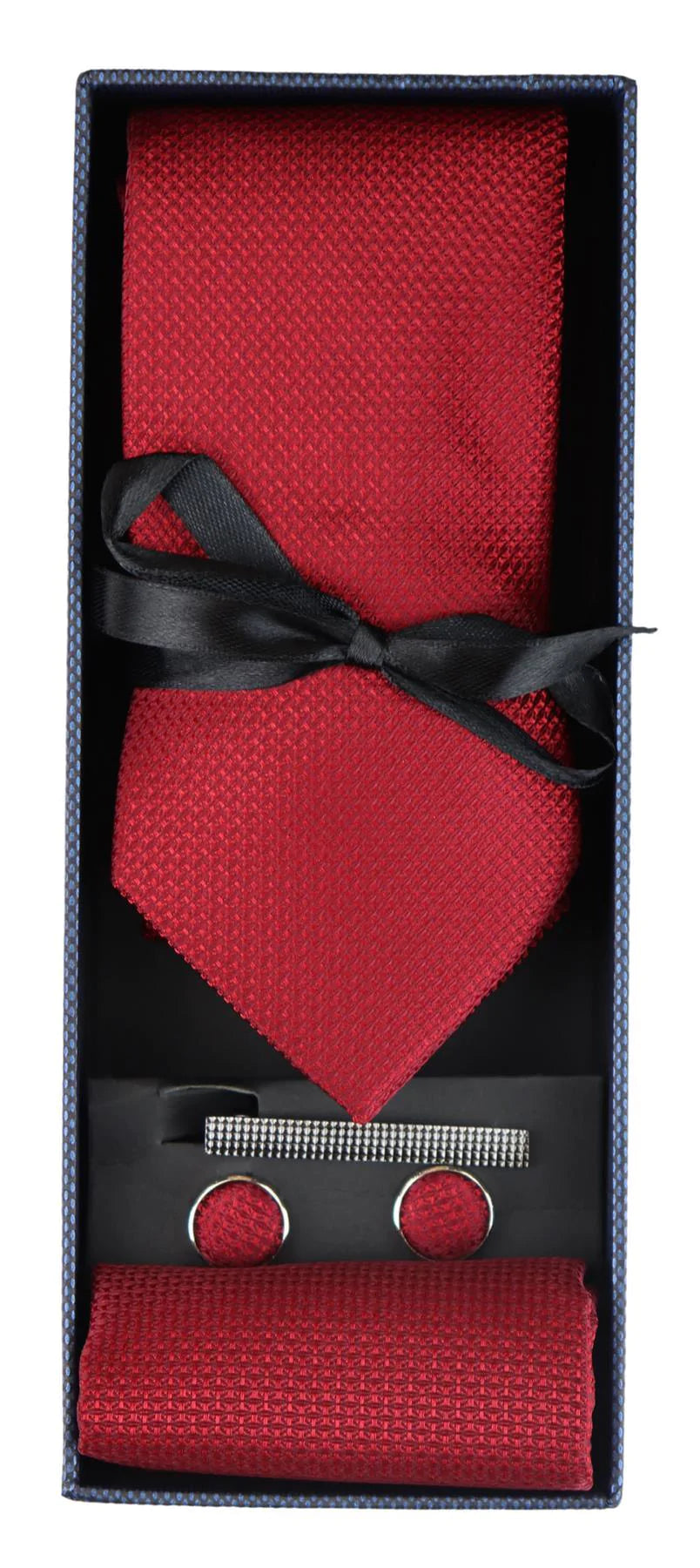 Conjunto de regalo de corbata roja texturizada de seda satinada con pañuelo de bolsillo, gemelos y corbata de satén mate.