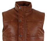 Chaleco de cuero auténtico para hombre, acolchado, con cremallera, estilo casual, color tostado.