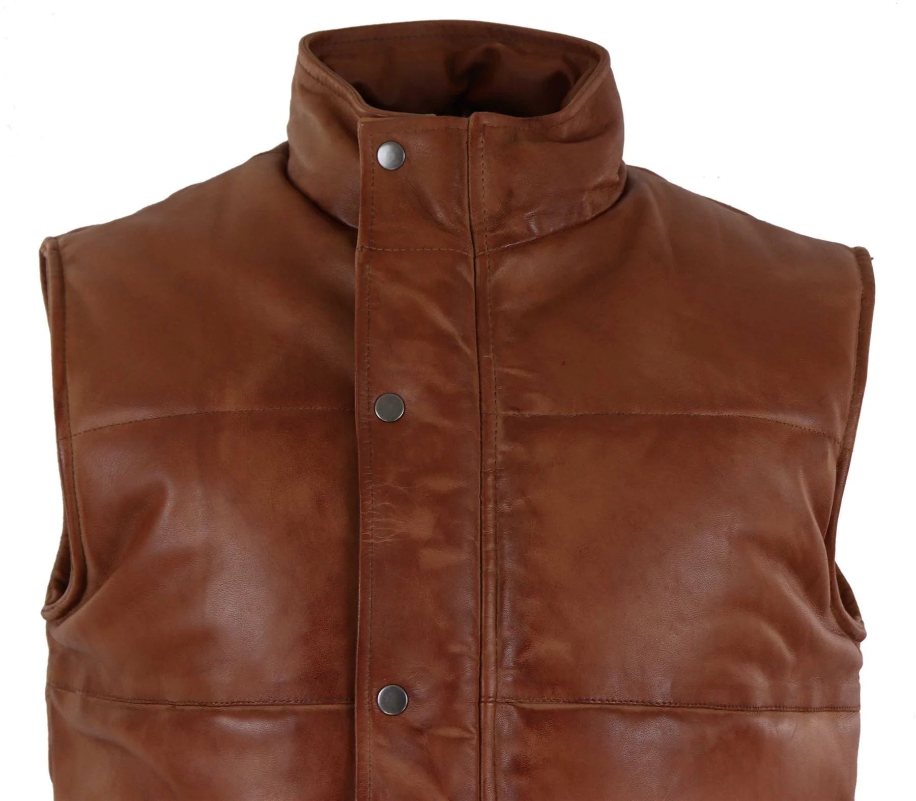 Chaleco de cuero auténtico para hombre, acolchado, con cremallera, estilo casual, color tostado.