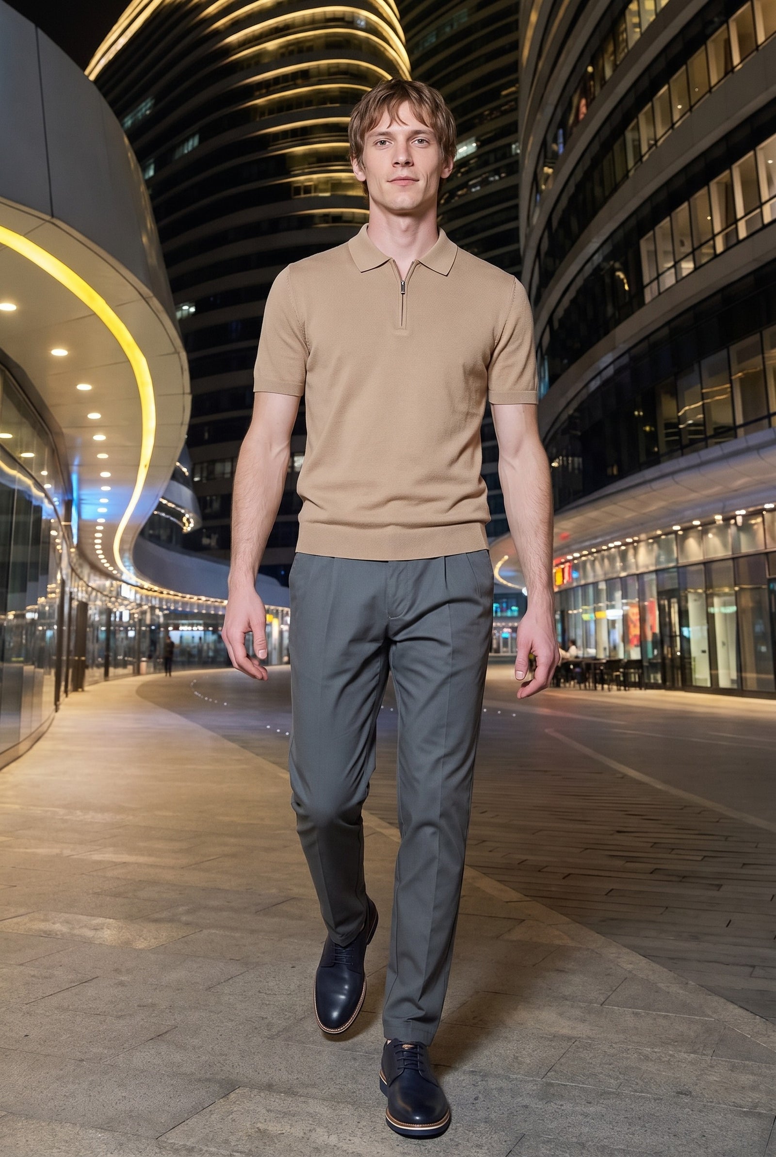 Look #977 styled with Polo de punto beige con cremallera en el cuello para hombre