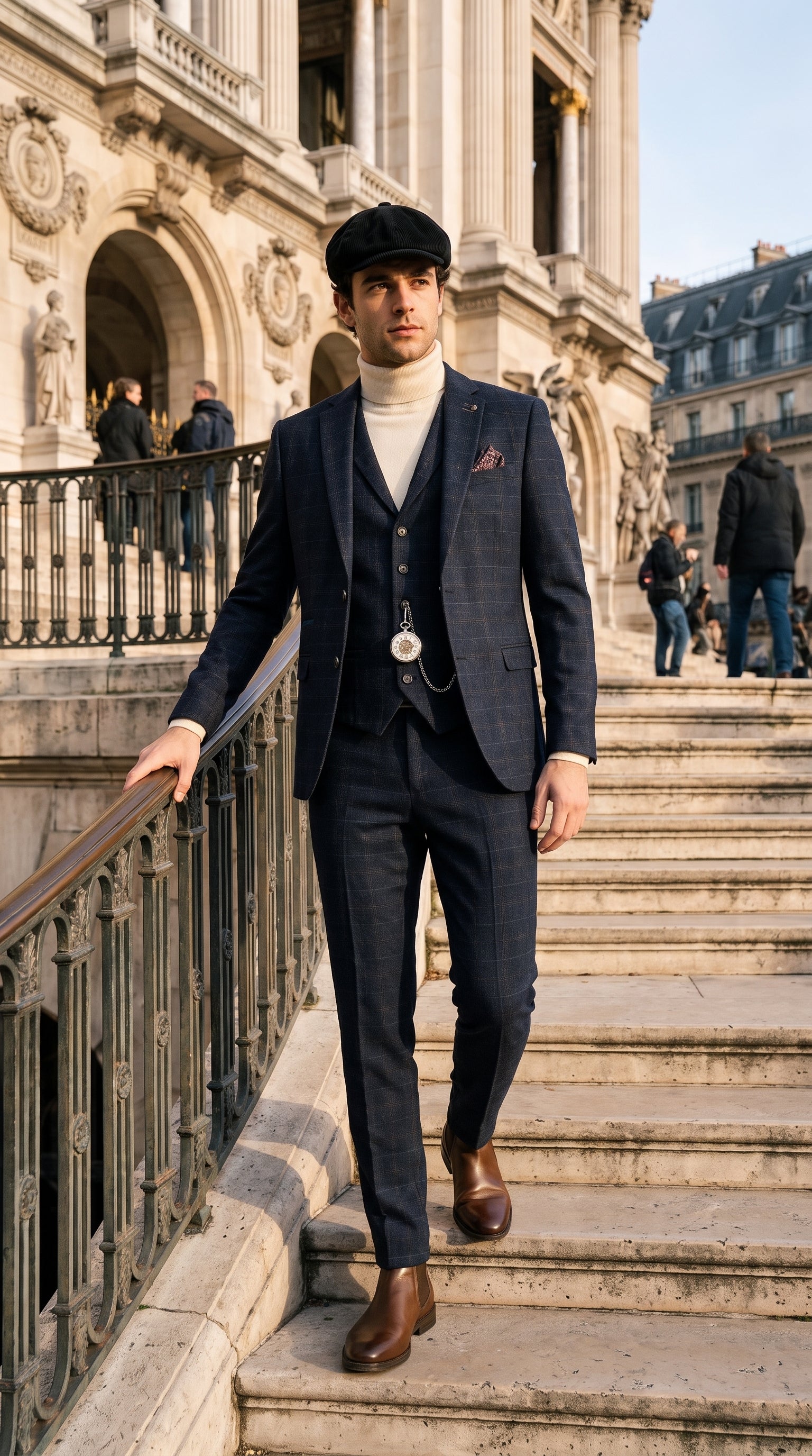 Look #133 styled with Traje de tres piezas de tweed azul marino de corte ajustado para hombre de Ryan