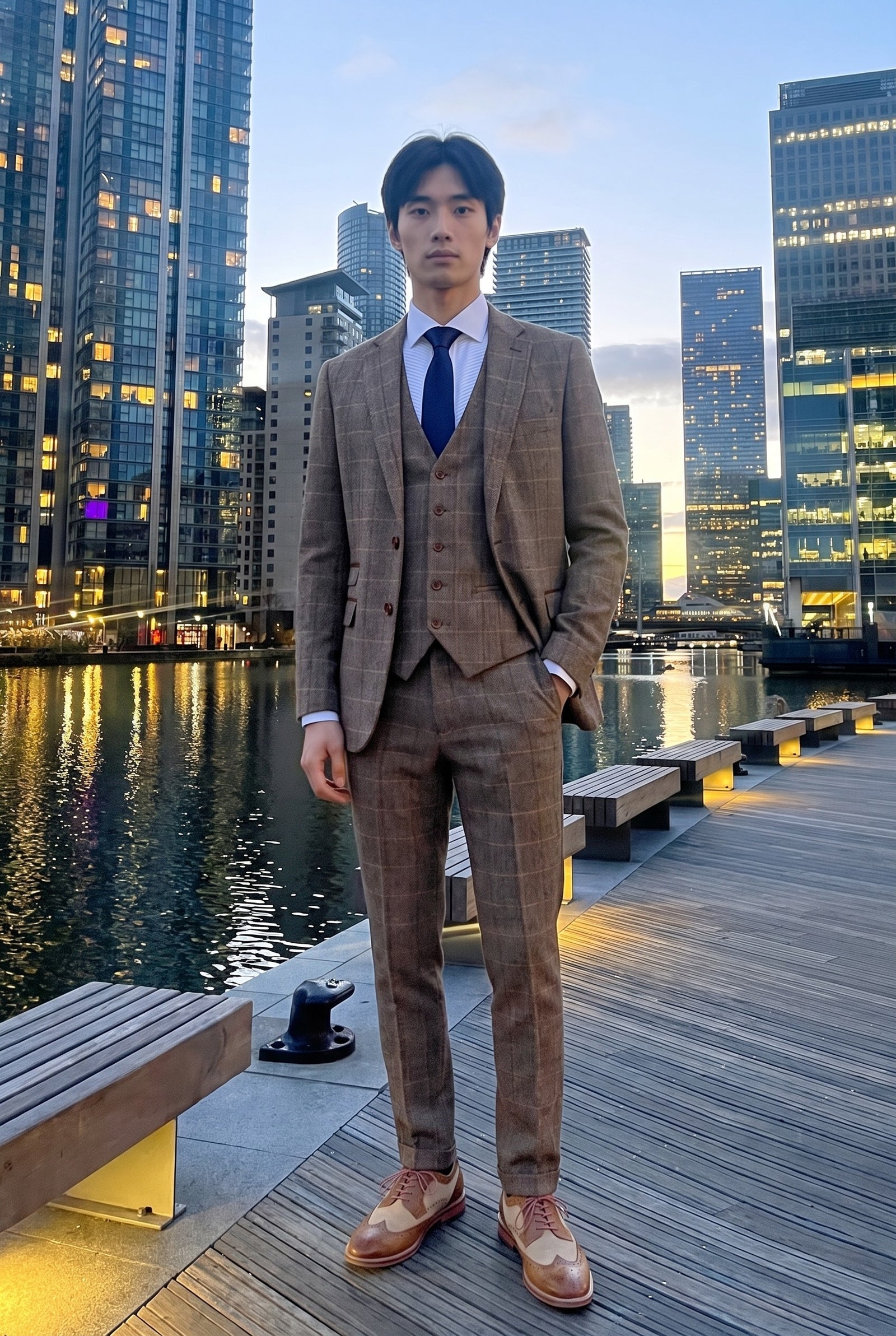 Look #536 styled with Harris - Traje de tweed de tres piezas para hombre, color marrón, con estampado de espiga.