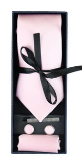 Conjunto de regalo de corbata rosa de seda satinada con pañuelo de bolsillo, gemelos y corbata de satén brillante.