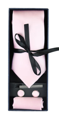 Conjunto de regalo de corbata rosa de seda satinada con pañuelo de bolsillo, gemelos y corbata de satén brillante.