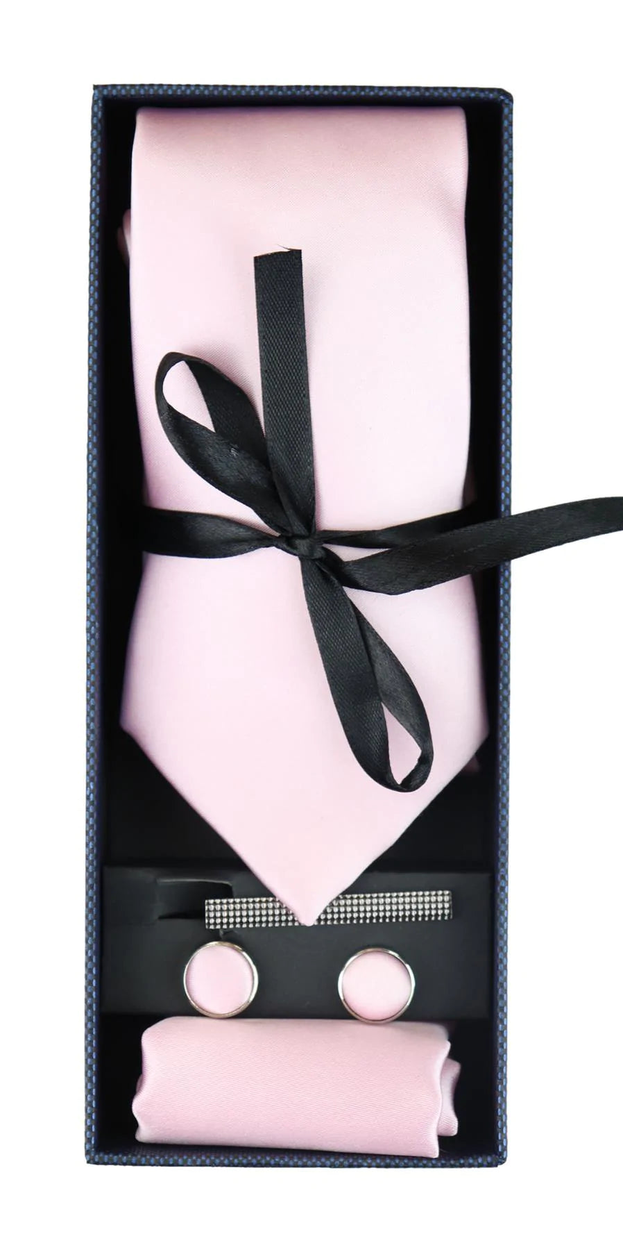 Conjunto de regalo de corbata rosa de seda satinada con pañuelo de bolsillo, gemelos y corbata de satén brillante.