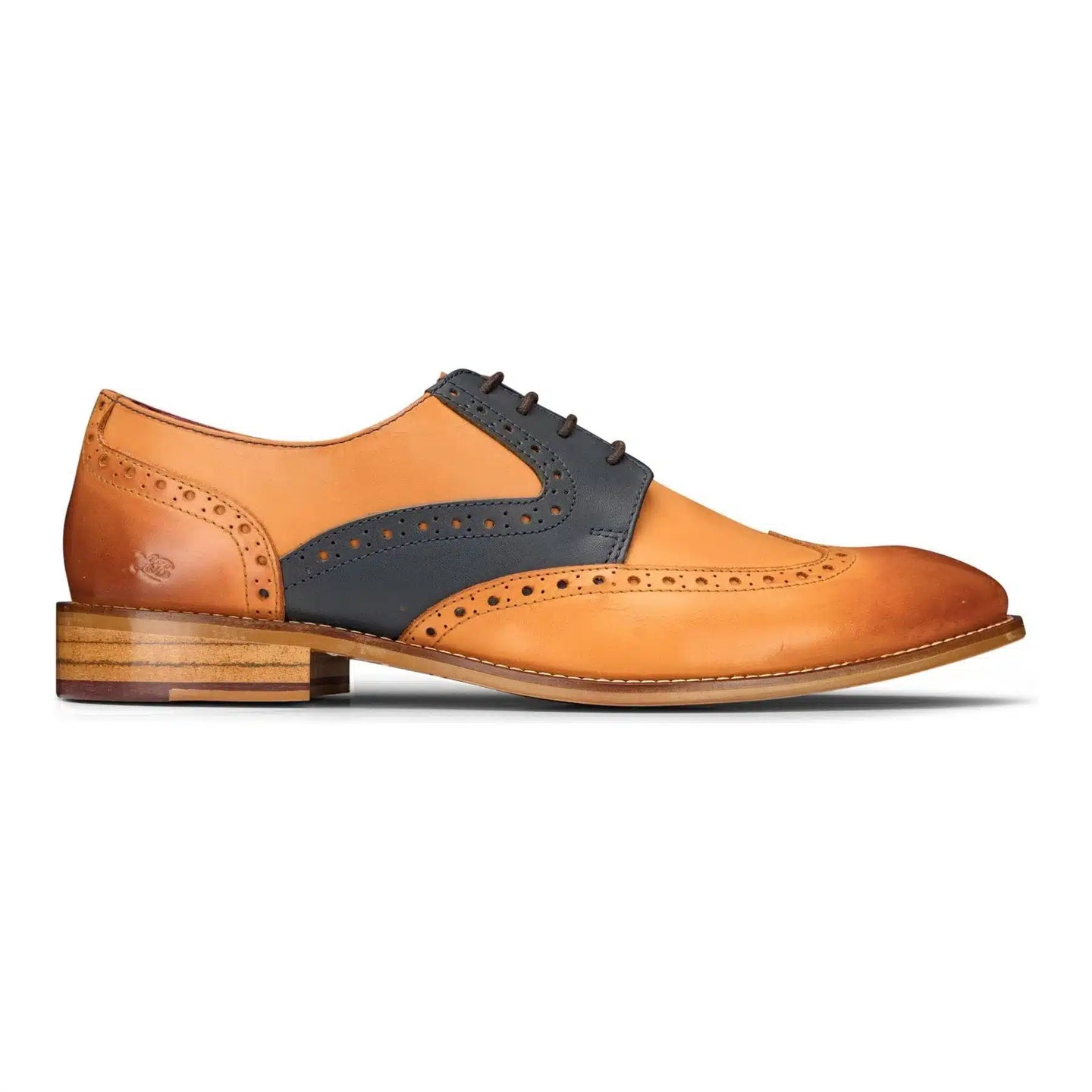 Zapatos brogue de hombre en tonos marrón claro, azul marino y rojo, con cordones, estilo clásico vintage formal, de cuero auténtico.