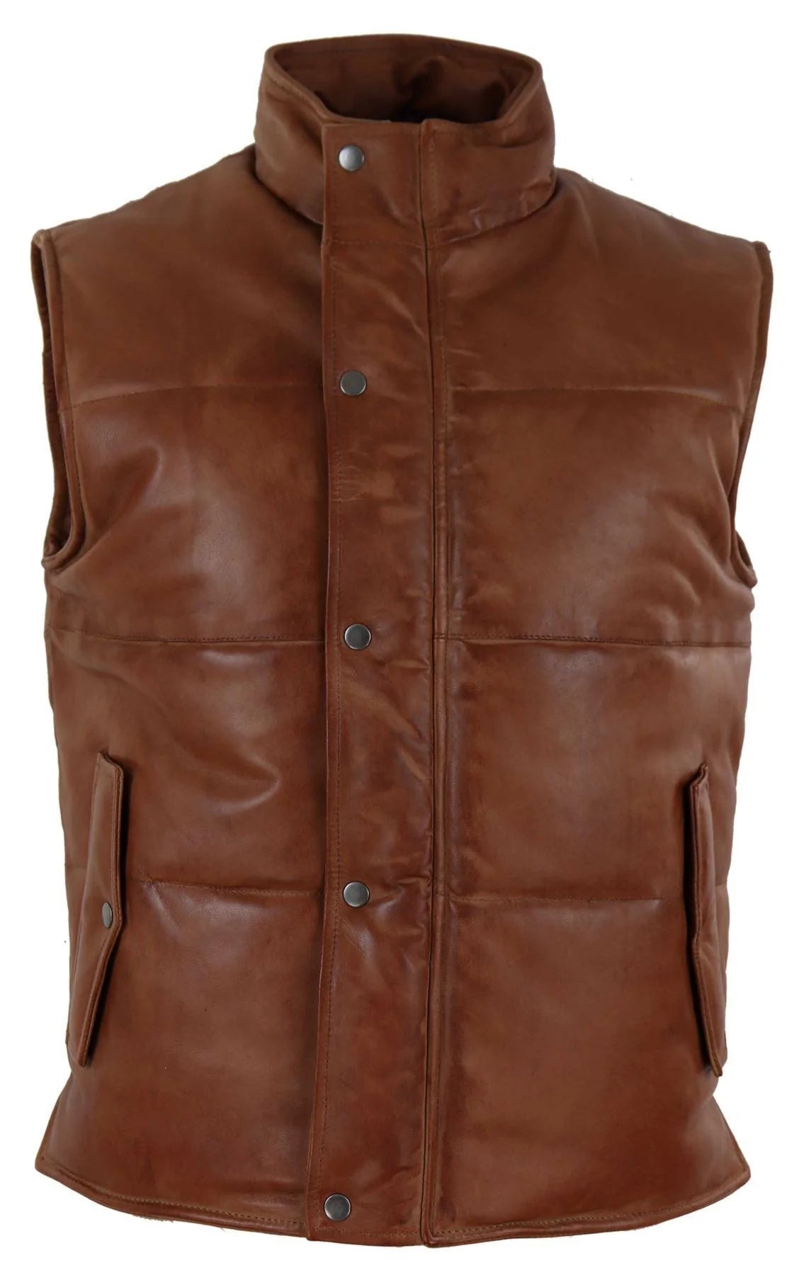 Chaleco de cuero auténtico para hombre, acolchado, con cremallera, estilo casual, color tostado.