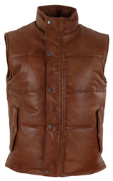 Chaleco de cuero auténtico para hombre, acolchado, con cremallera, estilo casual, color tostado.