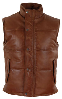 Chaleco de cuero auténtico para hombre, acolchado, con cremallera, estilo casual, color tostado.