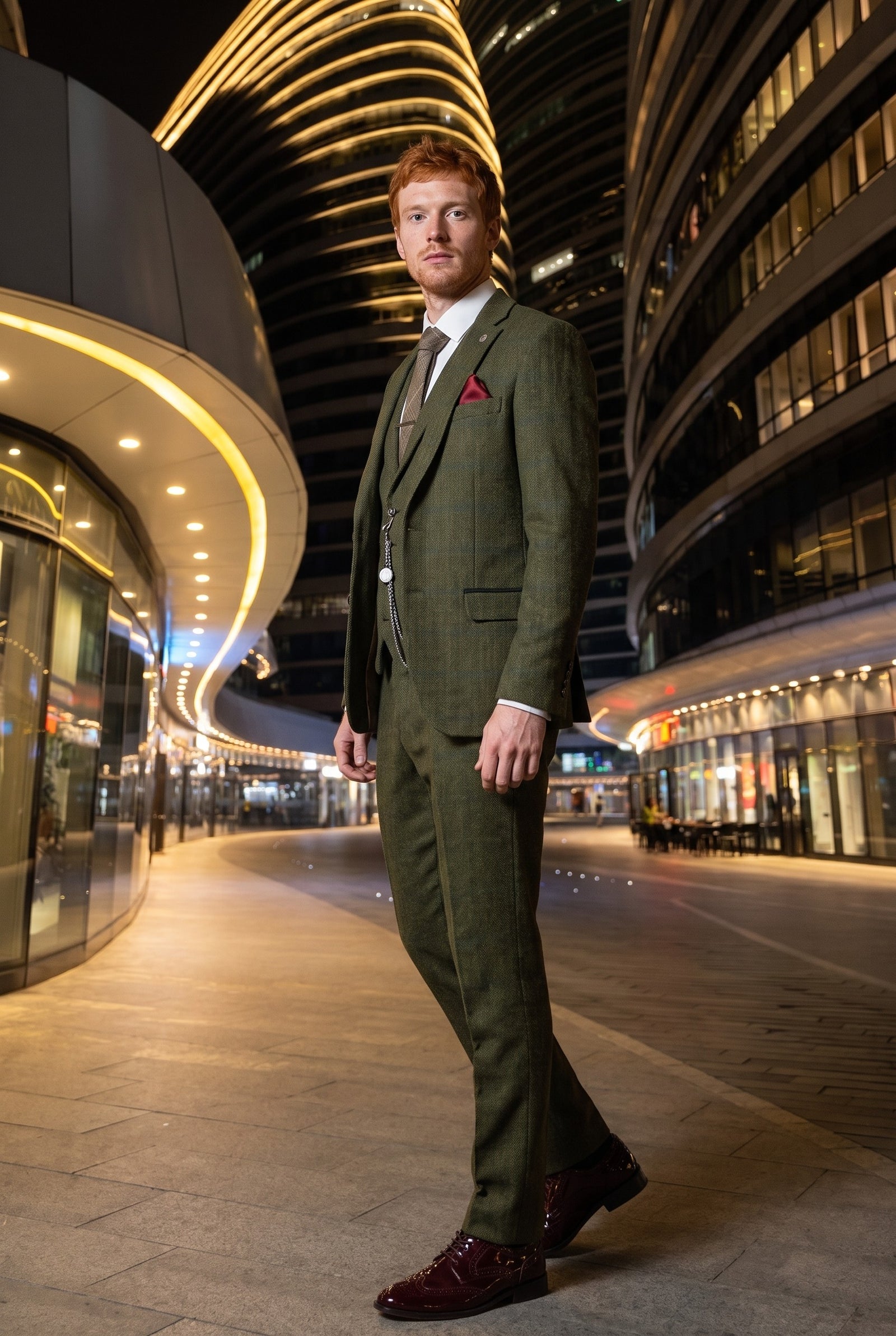 Look #708 styled with Traje de hombre de 3 piezas de lana tweed a cuadros verde, azul y marrón, estilo Gatsby de los años 20.