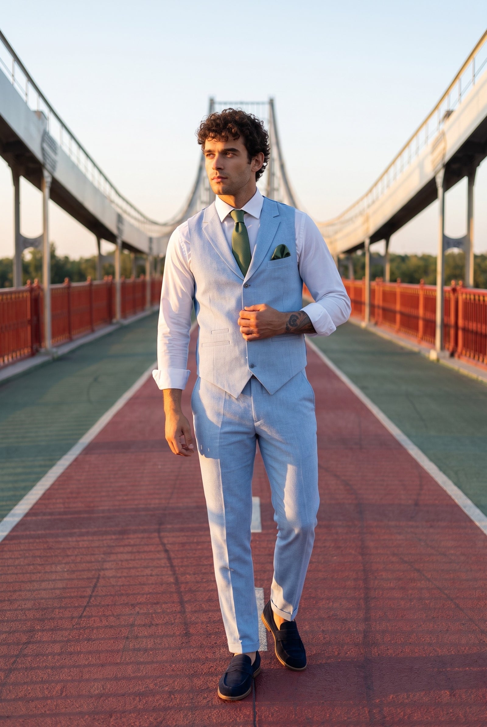 Look #886 styled with TP-13 - Traje de verano para hombre, chaleco y pantalón de lino, formal, azul claro, para bodas.