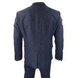 Traje de tres piezas para hombre de tweed azul con estampado de espiga.