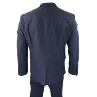 Traje de tres piezas para hombre de tweed azul con estampado de espiga.