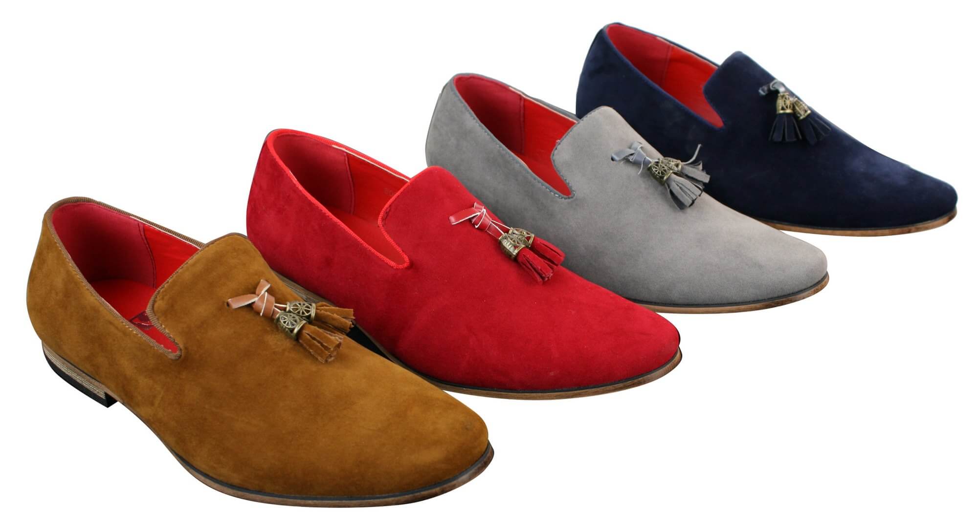 Mocasines de conducción para hombre de piel sintética de ante con borlas en color rojo, gris, azul, marrón y negro.