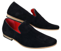 Zapatos mocasines de cuero sintético de gamuza para hombre, color negro, estilo casual elegante.