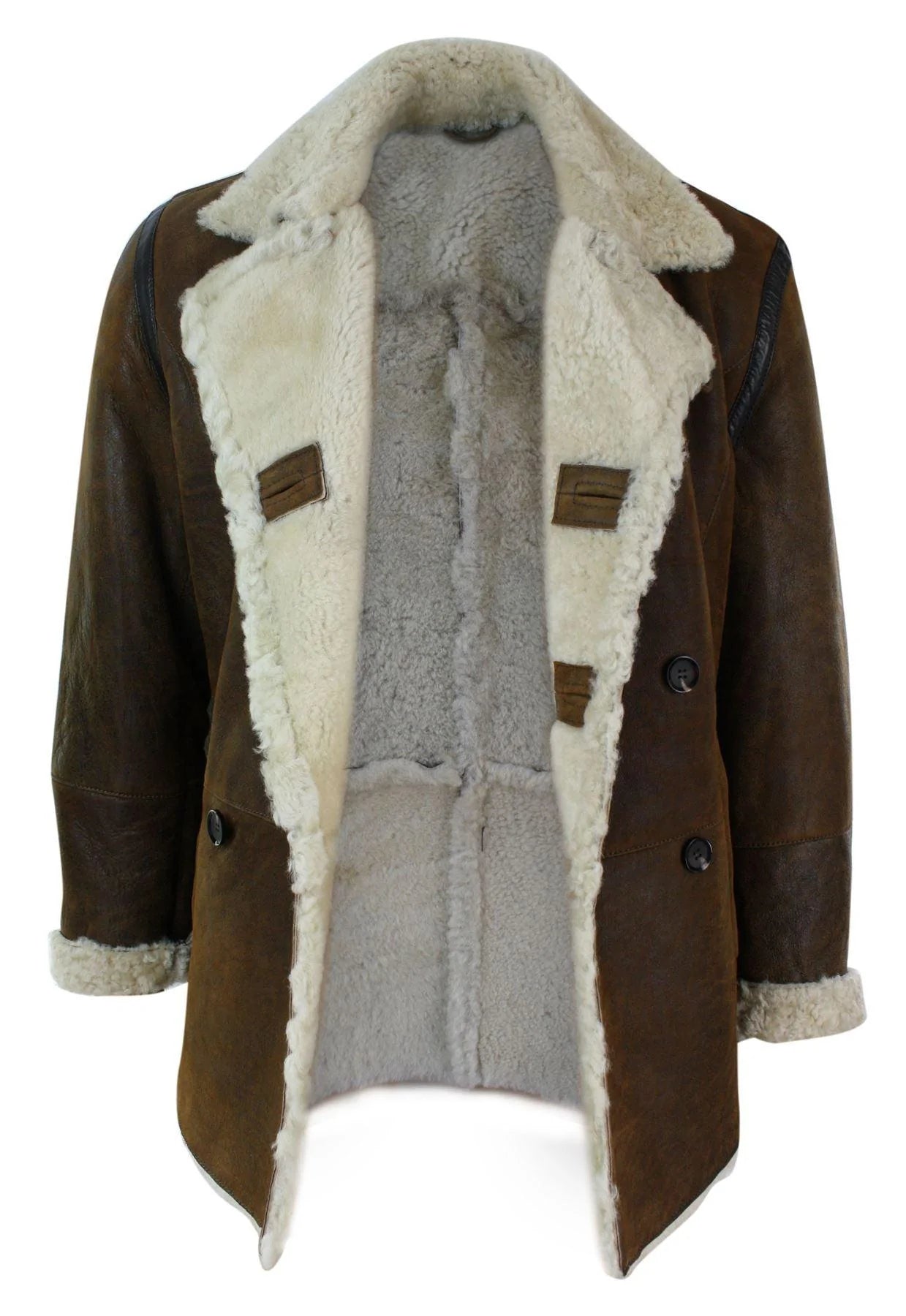 Chaqueta cruzada de piel de oveja auténtica de la Marina Alemana para hombre, color marrón vintage.